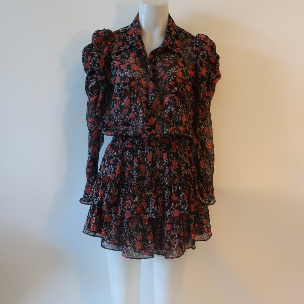 Womens Misa Los Angeles Black Red Floral Long Puff Sleeve Mini Dress M *